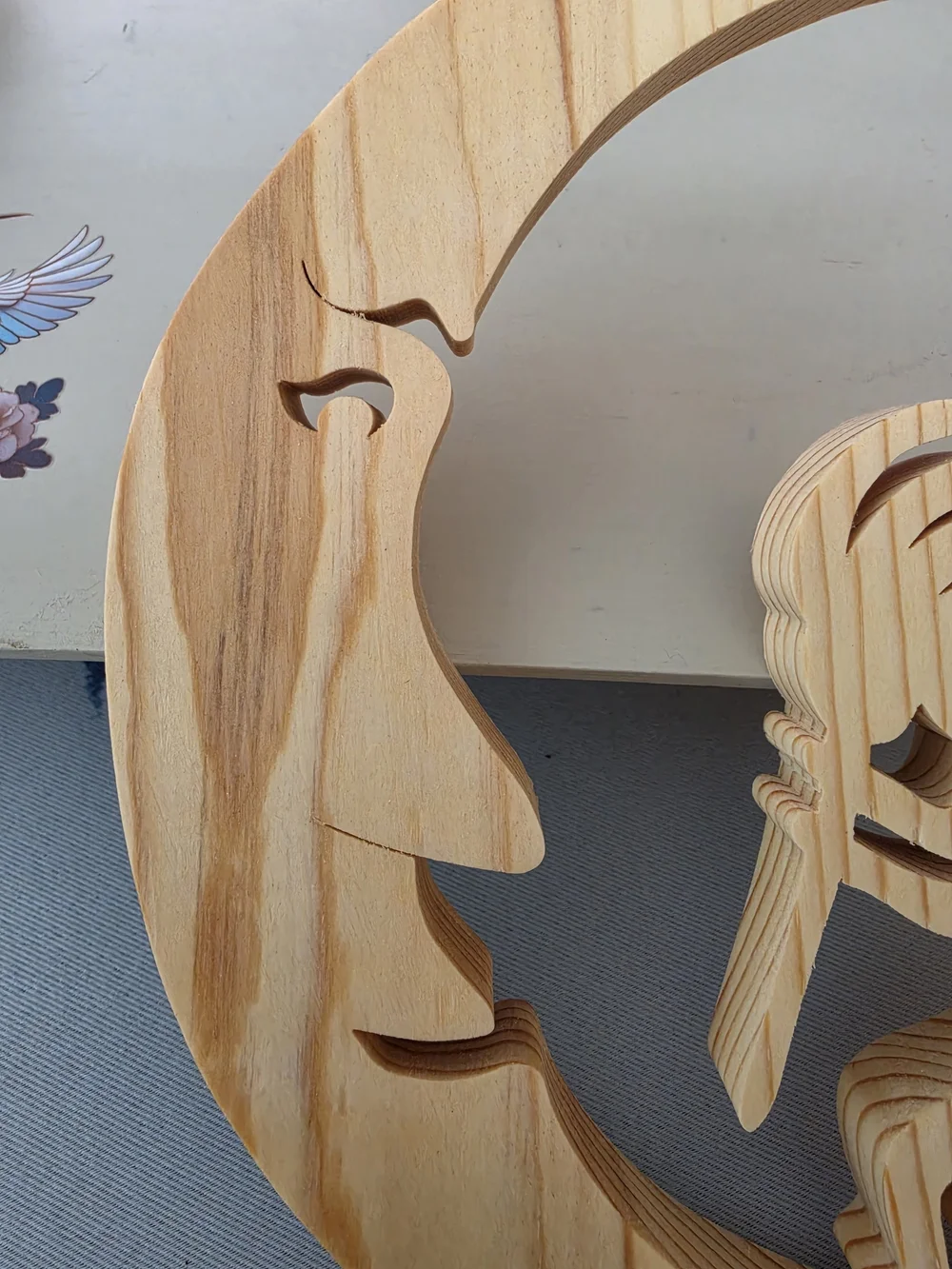 Wood Crescent Moon Face & Kokopelli Figurine Carved Free Standing 7in x 5in